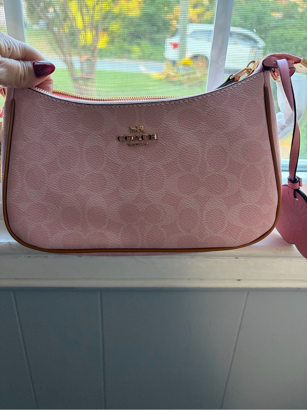 Coach Pink Signature Canvas Shoulder Bag with Gold Hardware